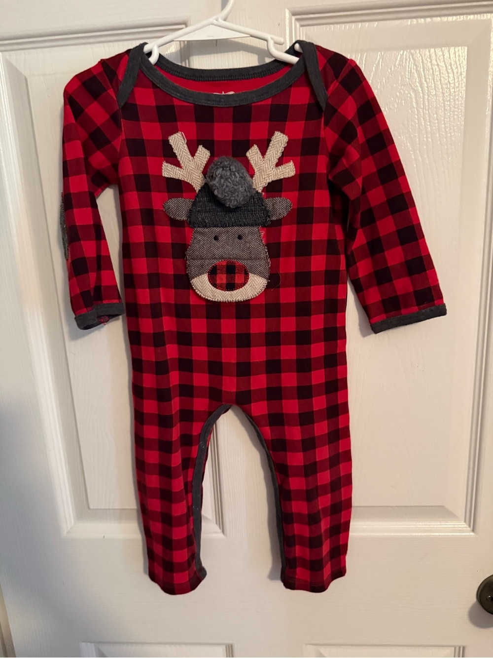 Mud Pie Red and Black Buffalo Plaid Moose Applique Footie